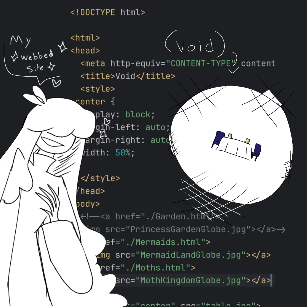 Art of Lady Doris from Broccoli Soup, with a html file background. Doris says 'my webbed site'